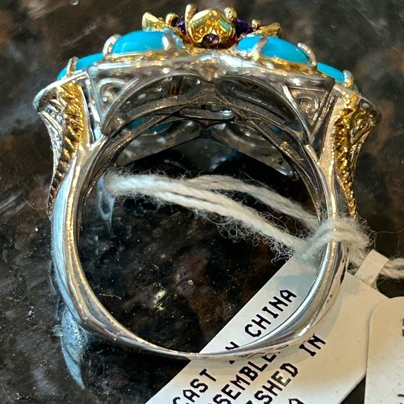 Vibrant Blue and Purple Floral Ring with Ornate Gold Setting - Picture 2 of 5